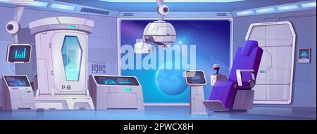 Spaceship laboratory interior room with cryogen capsule cartoon ui background illustration. Space view in lab window. Cryotherapy and biotechnology experiment with hibernation computer equipment Stock Vector