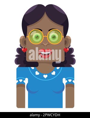 Woman with yellow and green glasses and blue blouse with hearts Stock Vector