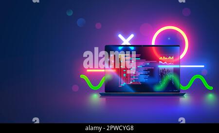 Vector laptop with open screen on desk front view. Computer program code on screen laptop on table, abstract neon geometrical design elements. Program Stock Vector
