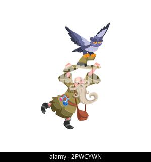 Old wizard chasing an owl cartoon illustration Stock Vector