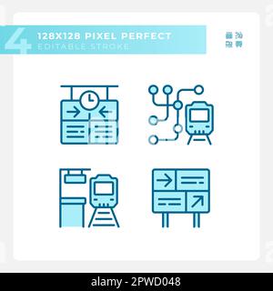 Railway station pixel perfect blue RGB color icons set Stock Vector