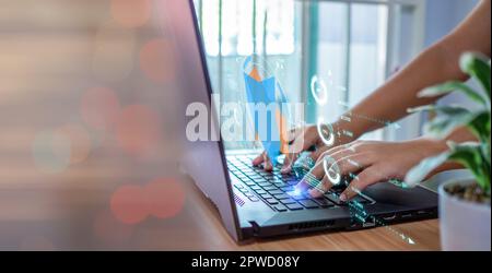 Human hand working on computer. business concept and communication technology Stock Photo