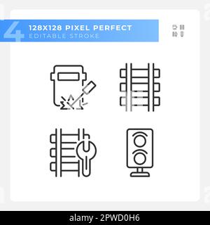 Railroad maintenance pixel perfect linear icons set Stock Vector