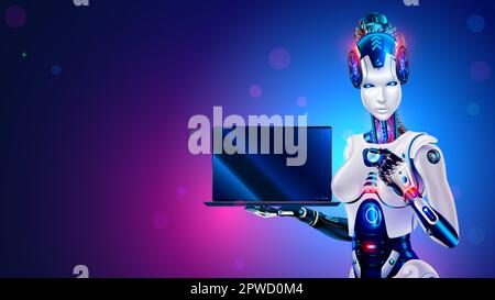 Robot woman with AI shows laptop screen in his hands. Cyborg female holds a laptop with a blank screen in the palm of his hand. Artificial intelligenc Stock Vector