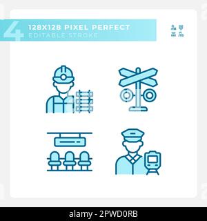 Railroad infrastructure pixel perfect blue RGB color icons set Stock Vector