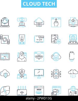 cloud tech vector line icons set. cloud, tech, computing, storage, infrastructure, platform, hosting illustration outline concept symbols and signs Stock Vector