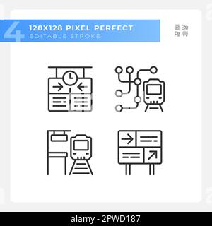 Railway station pixel perfect linear icons set Stock Vector