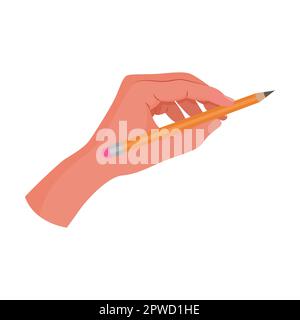 Hand holding pencil with an eraser on the end, writing and drawing tool vector illustration. Right and left arms with school supplies isolated on Stock Vector