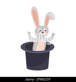 Funny hare in a magician hat on circus show. Vector illustration of carnival performance. Cartoon performer isolated on white. Entertainment concept Stock Vector