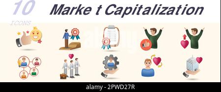 Market capitalization set. Creative icons: positivity, development, genunity, respect, passion, leadership, company ethics, responsibility Stock Vector