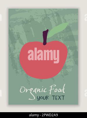 Poster with red apple. Fresh and healthy natural organic food and fruit concept. Nutrient rich in vitamins. Diet. Organic fruit production and harvest Stock Vector