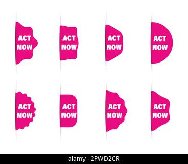 Action now set of labels. Advertising icons that look from the side. Marketing red sings Stock Vector