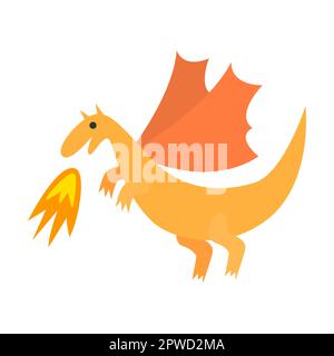 Cheerful orange dragon breathes fire. Fairytale mythical animals. Flat cartoon illustration isolated on white background Stock Vector
