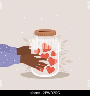 Donation glass jar. African female hands holding bottle with red hearts. Give and share your love. Support and hope for homeless and poor people Stock Vector