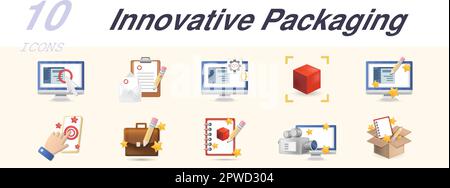 Innovative packaging set. Creative icons: landing page, branding, coding, 3d, design, touch technology, portfolio, illustration, video production Stock Vector