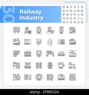 Railway industry pixel perfect linear icons set Stock Vector