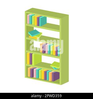Bookcase with books on the shelves. Modern house or office furniture cartoon vector illustration. Design elements, couch, table, chair for home Stock Vector