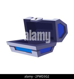 Treasure chest open. Vector illustration of empty blue metal box with lock. Game trunk or safe isolated on white Stock Vector