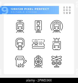 Railroad company pixel perfect linear icons set Stock Vector