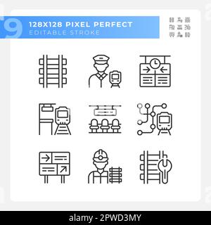 Railroad industry pixel perfect linear icons set Stock Vector