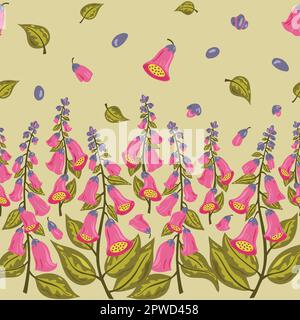 Pink foxglove flowers horizontal align, striped repeated pattern. Colourful seamless background. Stock Vector