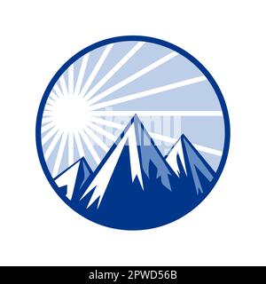 Snow capped mountains at sunrise or sunset with the sun behind them. Vector blue template, logo design Stock Vector