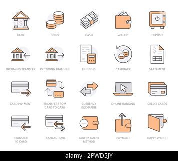 Finance line icon set. Money transfer, bank account, credit card payment, cash back minimal vector illustration. Simple outline sign for online Stock Vector