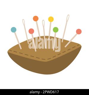 pillow with needles and pins, Tool for knitting and sewing flat vector illustration. Accessories for needlework isolated on white background Stock Vector