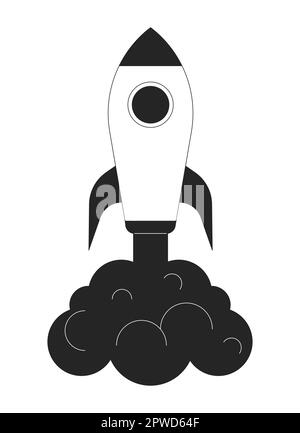 Launching rocket with dark smoke flat line black white vector object Stock Vector