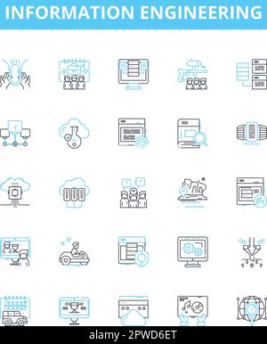Information engineering vector line icons set. Information, engineering, systems, technology, data, database, database management illustration outline Stock Vector