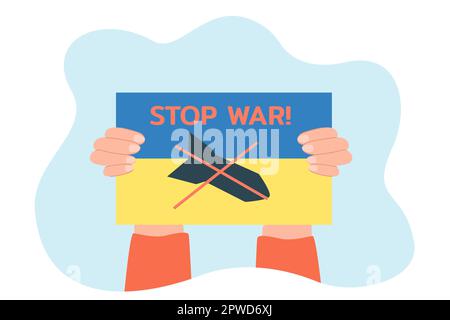 Hands holding Ukrainian flag, stop war message, cross on missile Stock Vector