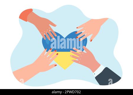 Human hands holding yellow blue heart in color of Ukrainian flag Stock Vector