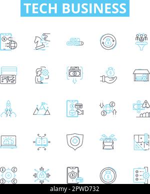 Tech business vector line icons set. Tech, Business, Software, Applications, Solutions, Cloud, Networking illustration outline concept symbols and Stock Vector