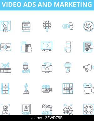 Video ads and marketing vector line icons set. Video, Ads, Marketing, Advertising, Promotions, Campaigns, YouTube illustration outline concept symbols Stock Vector