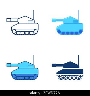Military tank icon set in flat and line style. War machine symbol. Vector illustration. Stock Vector