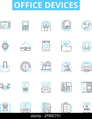 Office devices vector line icons set. Printers, Copiers, Computers, Monitors, Scanners, Faxes, Phones illustration outline concept symbols and signs Stock Vector