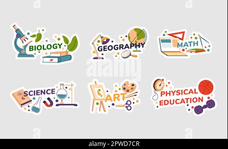 Sticker design set with school subjects concept Stock Vector