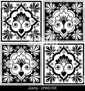 Mexican talavera ceramic tile vector seamless black and white pattern with flowers, hearts and swirls inspired by folk art from Mexico Stock Vector