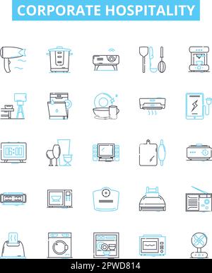 Corporate hospitality vector line icons set. Events, receptions, catering, hosting, networking, conference, business illustration outline concept Stock Vector
