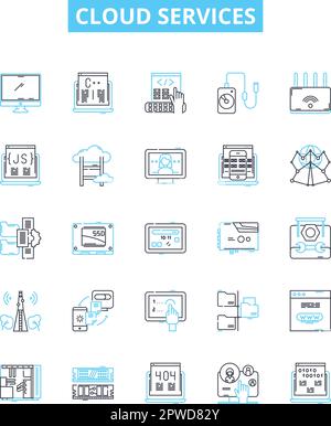 Cloud services vector line icons set. Cloud, Services, Computing, Hosting, Storage, Security, Virtualization illustration outline concept symbols and Stock Vector