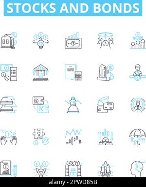 Stocks and bonds vector line icons set. Stocks, Bonds, Equities, Fixed income, Securities, Stock market, Bond market illustration outline concept Stock Vector