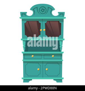 Kitchen cupboard in baroque style with shelves and glass doors. Vector vintage green cabinet, furniture for storage and display crockery isolated on white background. Empty provence sideboard Stock Vector