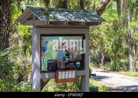 Trail informational sign at the beginning of the Big Ferry Trail Loop in Savannah, Georgia's Skidaway Island State Park. (USA) Stock Photo