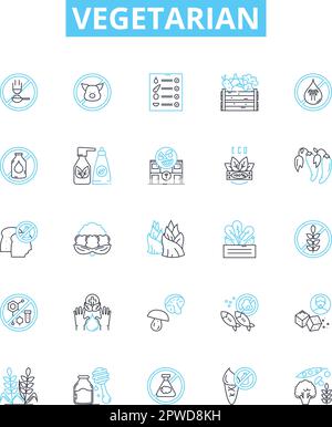 Vegetarian vector line icons set. Vegetarian, plant-based, green, plant-only, veggie, vegan, pulses illustration outline concept symbols and signs Stock Vector
