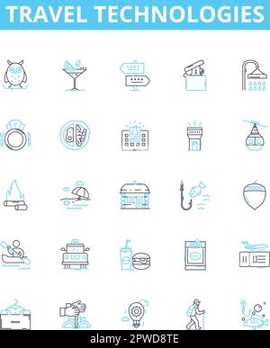 Travel technologies vector line icons set. Mobile, Apps, AI, Voice, Augmented, Reality, Tracking illustration outline concept symbols and signs Stock Vector