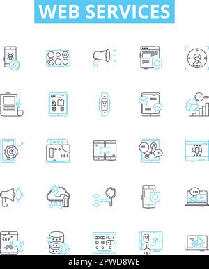 Web services vector line icons set. Web, services, API, REST, SOAP, applications, XML illustration outline concept symbols and signs Stock Vector