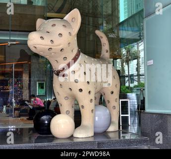 I-Jud” or “Dots Dog” is a large iconic sculpture of a playful dog