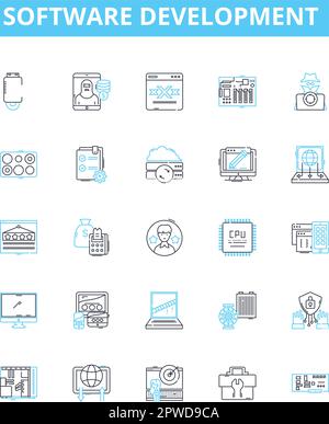 Software development vector line icons set. Software, Development, Programming, Coding, Algorithm, Architecture, Debugging illustration outline Stock Vector