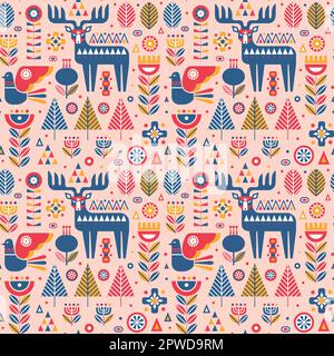 Forest Folk Animals and Plants in Nordic Pattern Stock Vector
