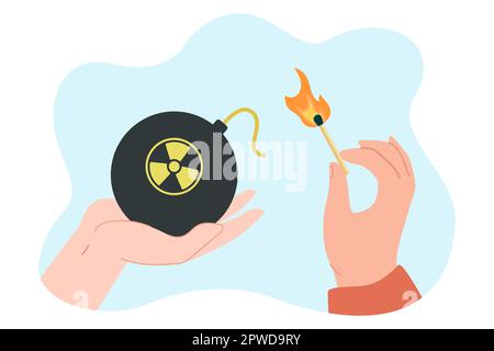 Hands holding bomb with radiation symbol and burning match Stock Vector